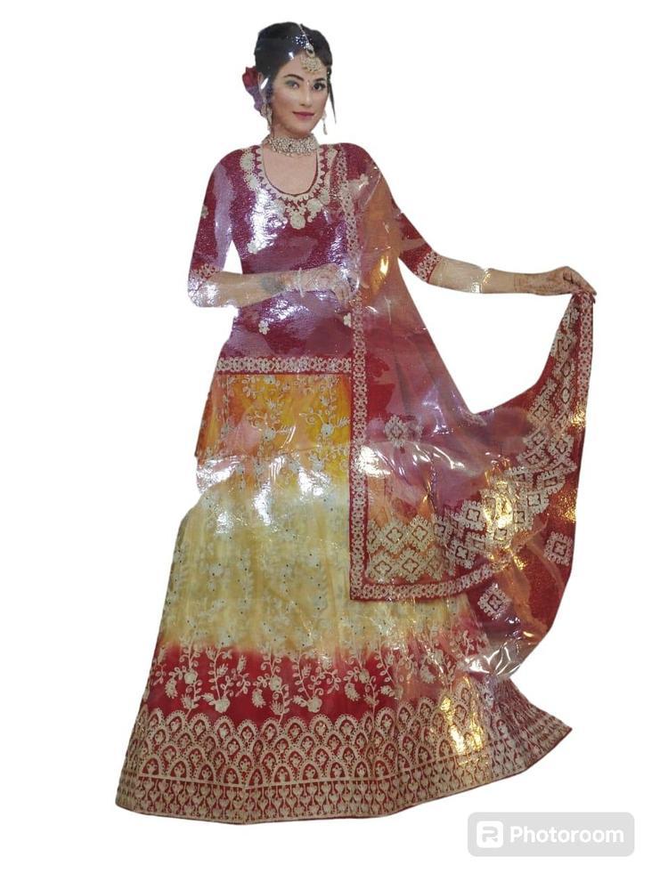 3 Pcs Women's Stitched Net Embroidered Lehengaa