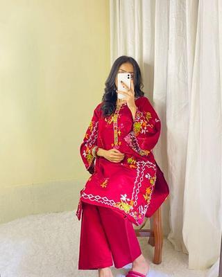 2 Pcs Women's Stitched Khaadi Net Embroidered Shirt And Trouser