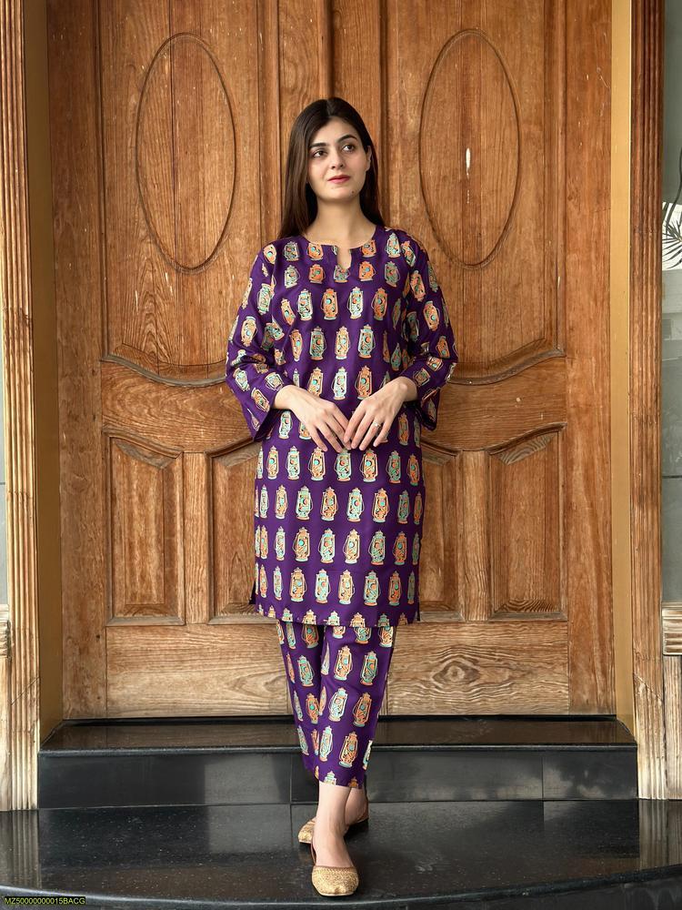 2 Pcs Women's Stitched Arabic Lawn Printed Shirt And Trouser