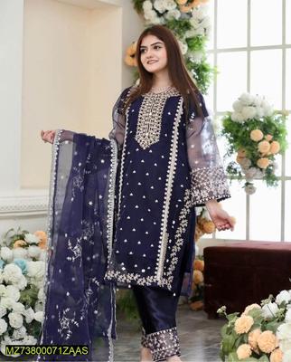 3 Pcs Women's Stitched Organza Embroidered Suit