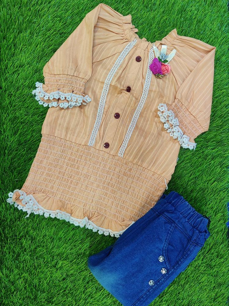 Girl's Cotton Embroidered Shirt And Jeans Set