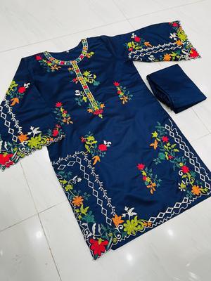 2 Pcs Women's Stitched Khaadi Net Embroidered Shirt And Trouser