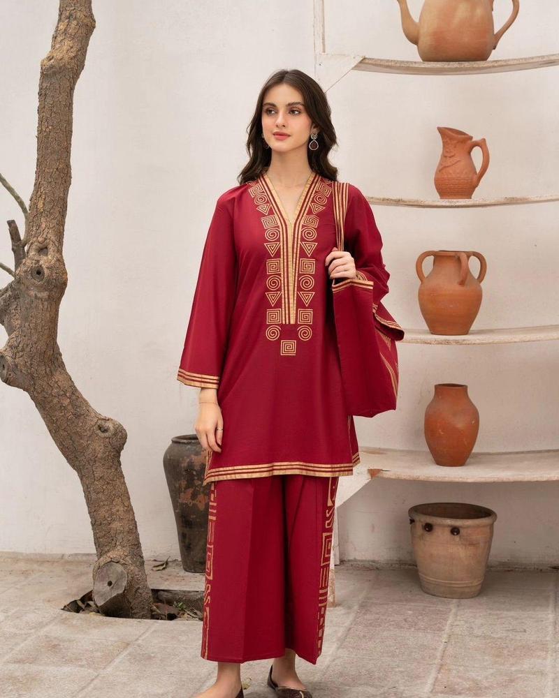 3 Pcs Women's Stitched Linen Printed Suit