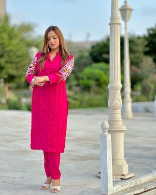 2Pc Women's Stitched Linen Embroidered Shirt And Trouser