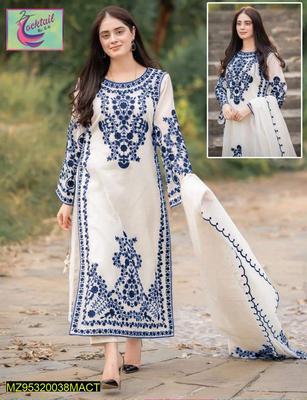 3 Pcs Women's Stitched Organza Embroidered Suit