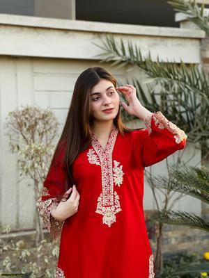 2 Pcs Women's Stitched Cotton Embroidered Shirt And Trouser