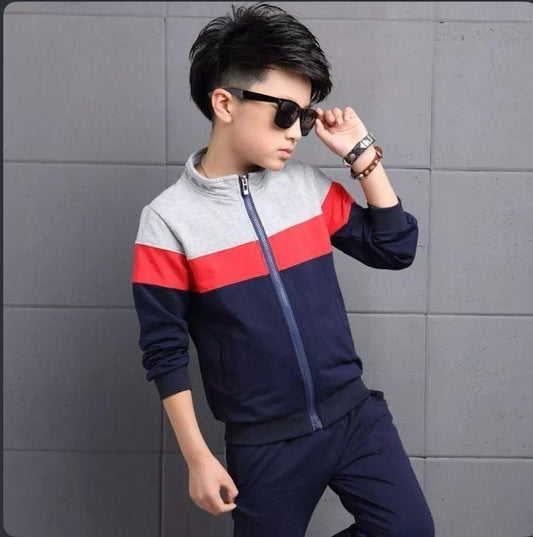 2 Pcs Boy's Cotton Jersey Plain Zipper Tracksuit