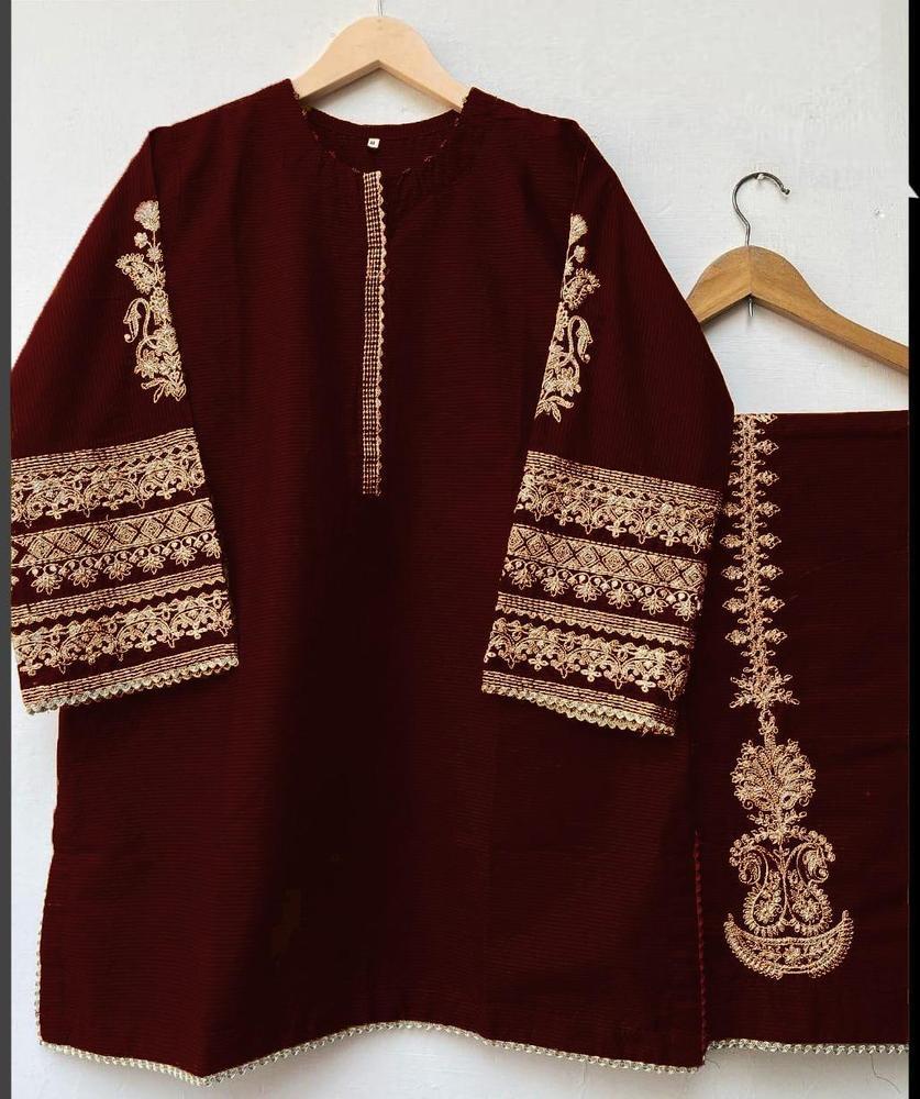 2 Pcs Women's Stitched Katan Silk Embroidered Suit