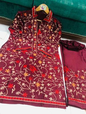 2 Pcs Women's Stitched Katan Silk Embroidered Shirt And Trouser