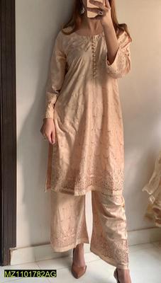 2 Pcs Women's Stitched Chikankari Linen Embroidered Suit