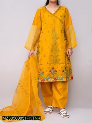 3 Pcs Women's Stitched Organza Embroidered Suit