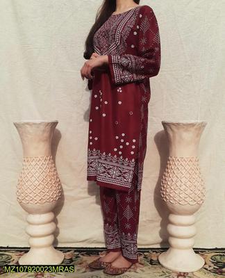 2 Pcs Women's Stitched Arabic Lawn Printed Shirt And Trouser