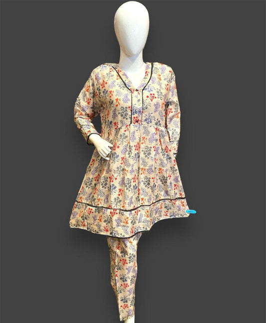 2 Pcs Women's Stitched Lawn Short Frock And Trouser