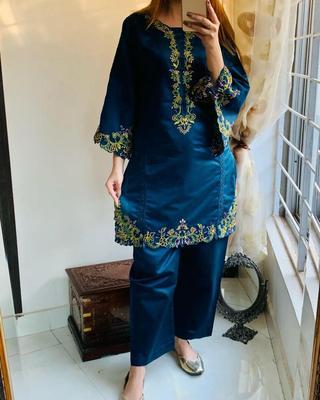 2 Pcs Women's Stitched Khaadi Net Embroidered Shirt And Trouser