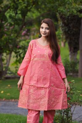 2 Pcs Women's Stitched Cotton Embroidered Frock & Trouser