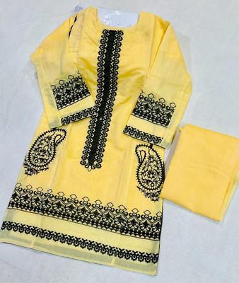 2 Pcs Women's Stitched Paper Cotton Embroidered Shirt And Trouser