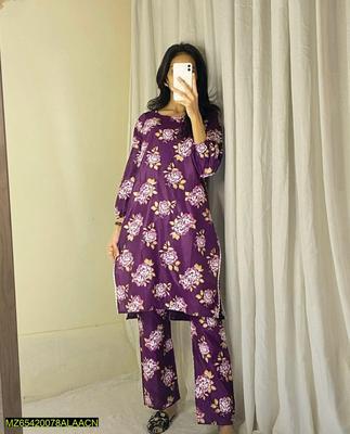 2 Pcs Women's Stitched Lawn Printed Maxi And Trouser