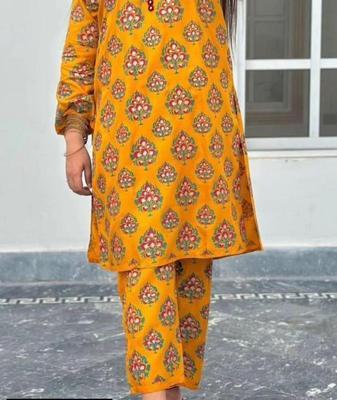 2 Pcs Women's Stitched Arabic Linen Printed Shirt And Trouser