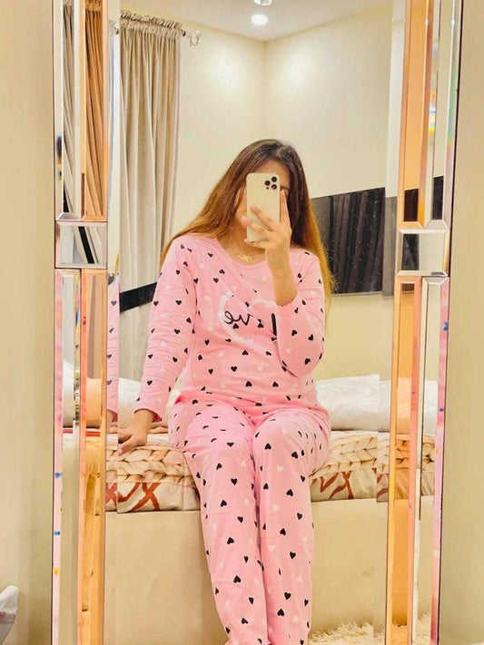 2 Pcs Women's Stitched Cotton Jersey Love Printed Night Suit