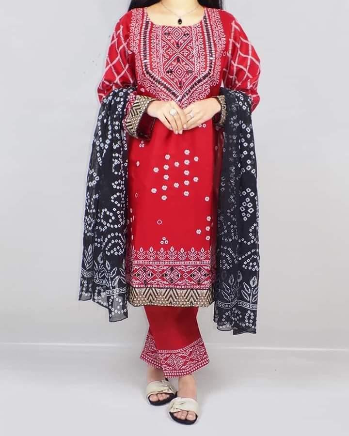 3 Pcs Women's Stitched Katan Silk Printed Suit