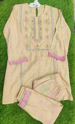 2 Pcs Girl's Cotton Lawn Embroidered Shirt And Trouser Suit