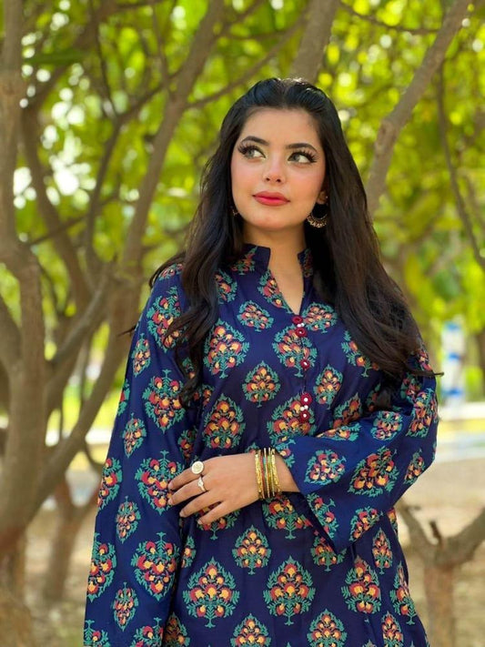 2 Pcs Women's Stitched Lawn Printed Shirt And Trouser