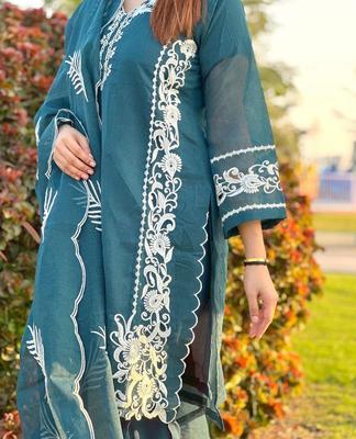 3 Pcs Women's Stitched Organza Embroidered Suit