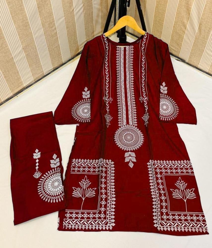 2 Pcs Women's Stitched Arabic Lawn Printed Shirt And Trouser