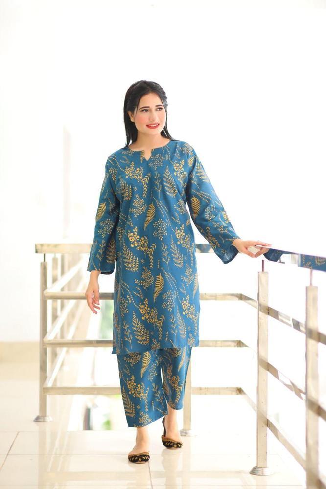 2 Pcs Women's Stitched Arabic Lawn Printed Shirt And Trouser