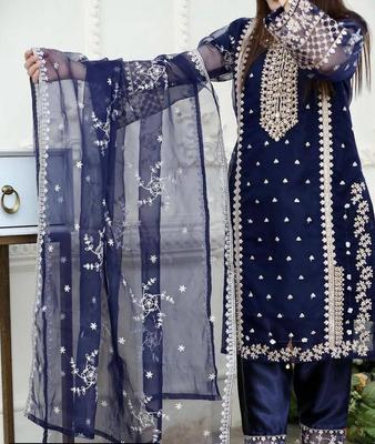 3 Pcs Women's Stitched Katan Silk Embroidered Suit