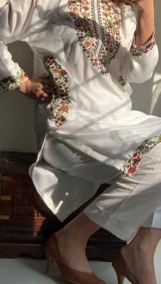 2 Pcs Women's Stitched Linen Sequins Embroidered Shirt And Trouser