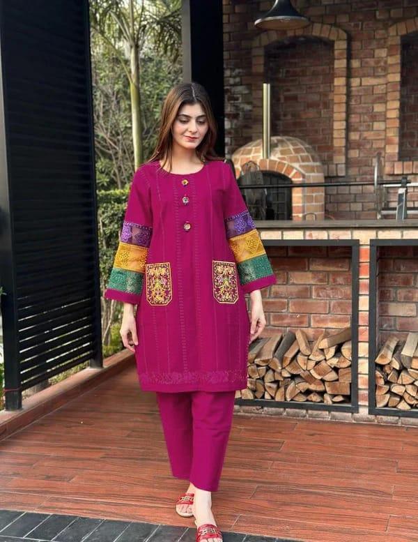 2 Pcs Women's Stitched Cotton Embroidered Frock And Trouser