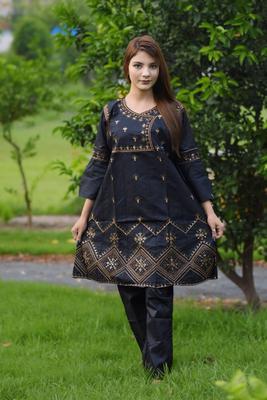 2 Pcs Women's Stitched Cotton Embroidered Shirt And Trouser