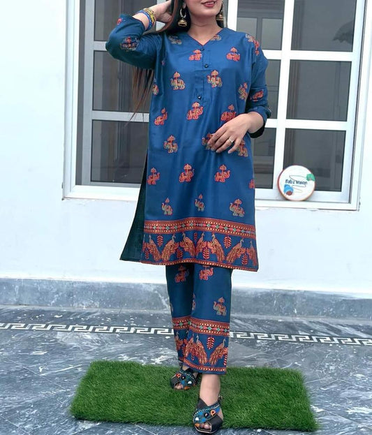 2 Pcs Women's Stitched Linen Block Print Suit