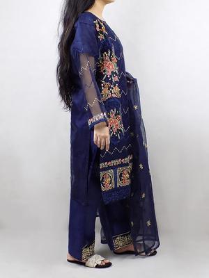 3 Pcs Women's Stitched Organza Embroidered Suit