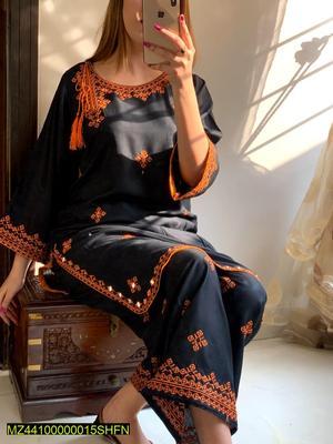 2 Pcs Women's Stitched Lawn Embroidered Shirt And Trouser - Black