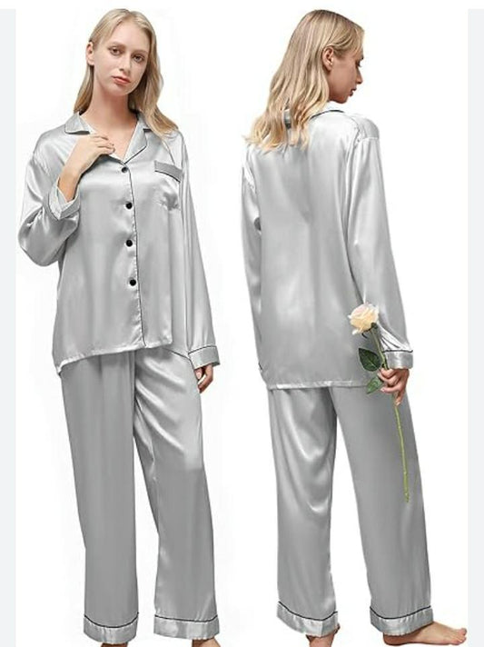 2 Pcs Women's Stitched Silk Plain Night Suit