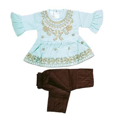 Baby Girl's Cotton Embroidered Frock And Trouser Set