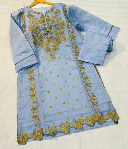 2 Pcs Women's Stitched Paper Cotton Embroidered Suit