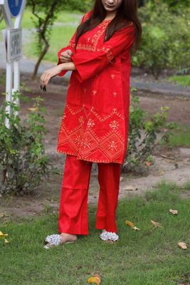 2 Pcs Women's Stitched Cotton Embroidered Shirt And Trouser