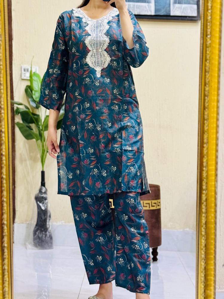 2 Pcs Women's Stitched Lawn Embroidered Shirt And Trouser