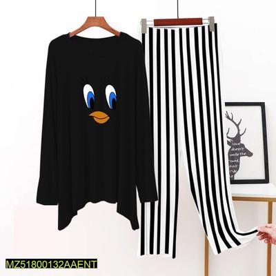 2 Pcs Women's Stitched Jersey Printed Sleepwear, Black Tweety