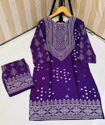 2 Pcs Women's Stitched Lawn Embroidered Shirt And Trouser