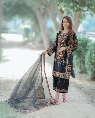 3 Pcs Women's Stitched Organza Embroidered Suit