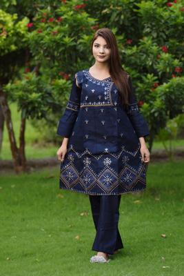 2 Pcs Women's Stitched Cotton Embroidered Frock & Trouser