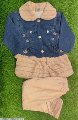 2 Pcs Girl's Velvet Printed Shirt And Trouser Suit