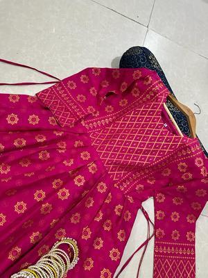 2 Pcs Women's Stitched Katan Silk Printed Frock And Trouser