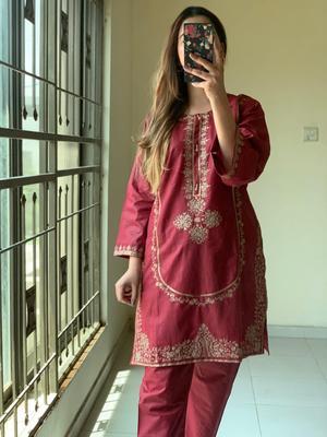 2 Pcs Women's Stitched Cotton Embroidered Shirt And Trouser