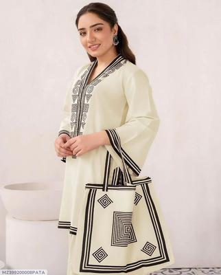 3 Pcs Women's Stitched Linen Printed Suit With Handbag