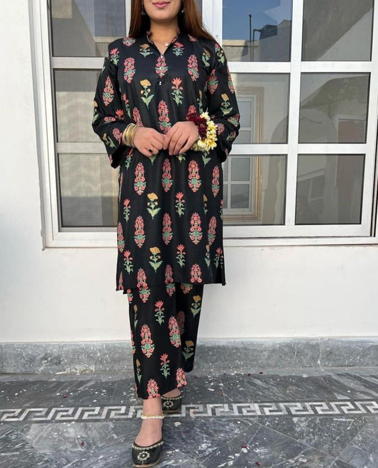 2 Pcs Women's Stitched Linen Block Print Suit